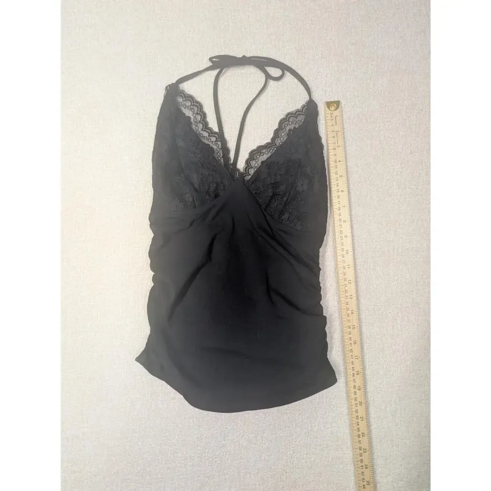 Soft Goth Lace Halter Cami | Black Ruched Y2K Clubwear Top - Picture 5 of 5